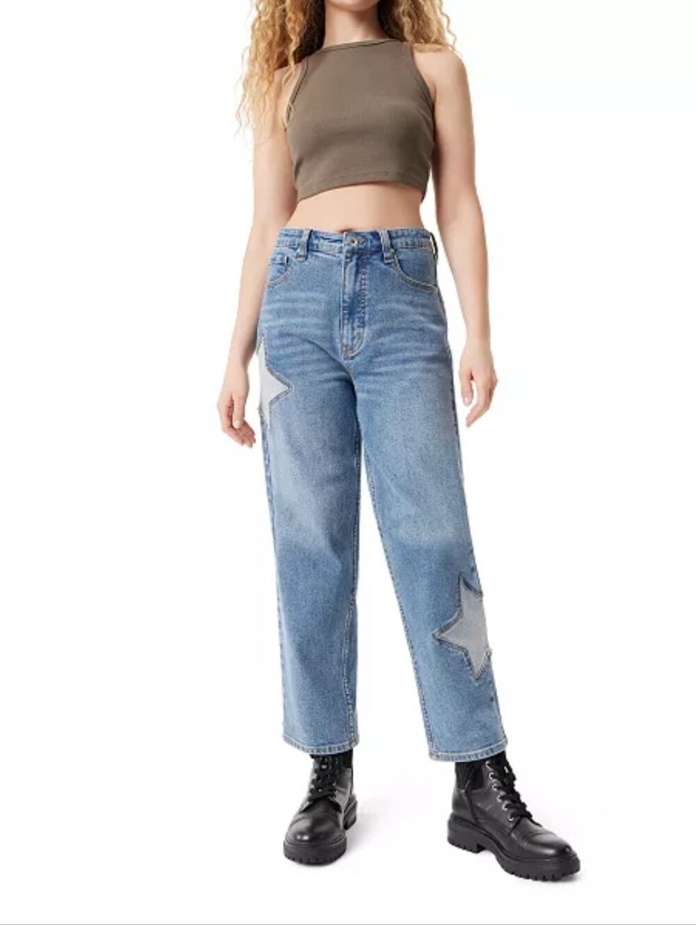 FRAYED Straight Leg Star Patch Jeans - Light Blue